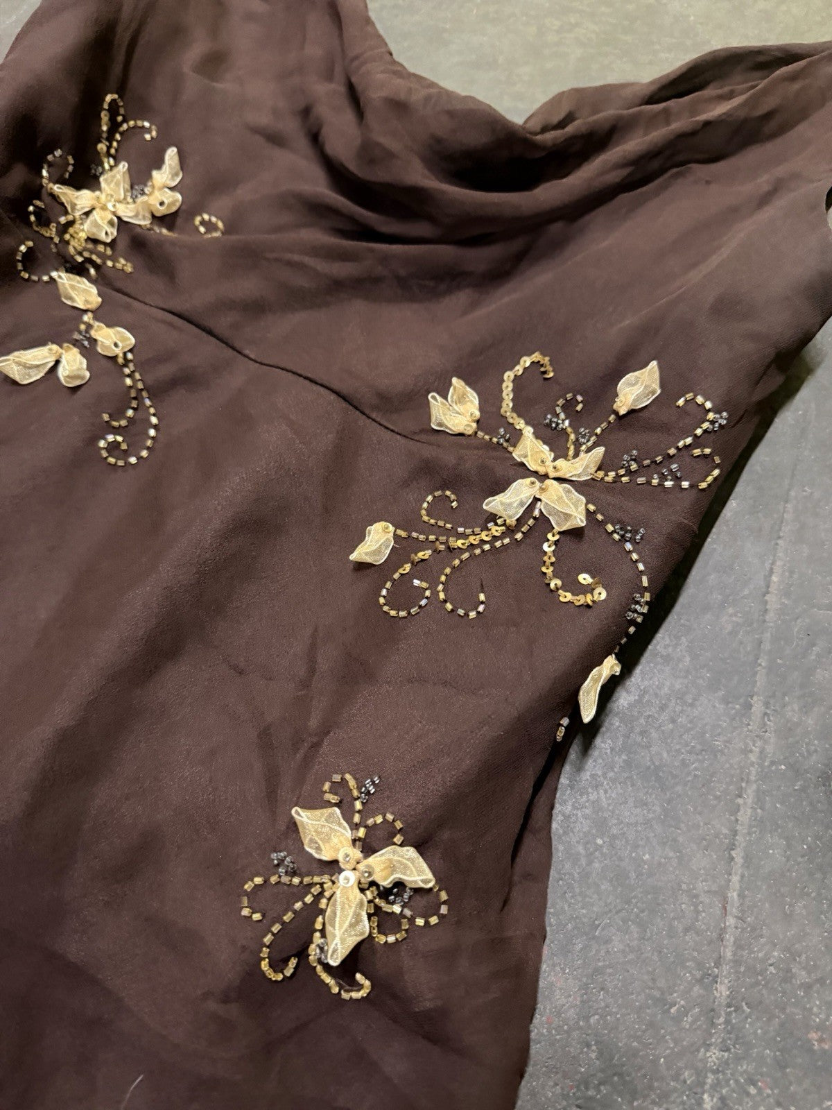 Vintage Y2K Woodland Fairy Brown Floral Silk Beaded Two Piece Skirt Set Asymmetric