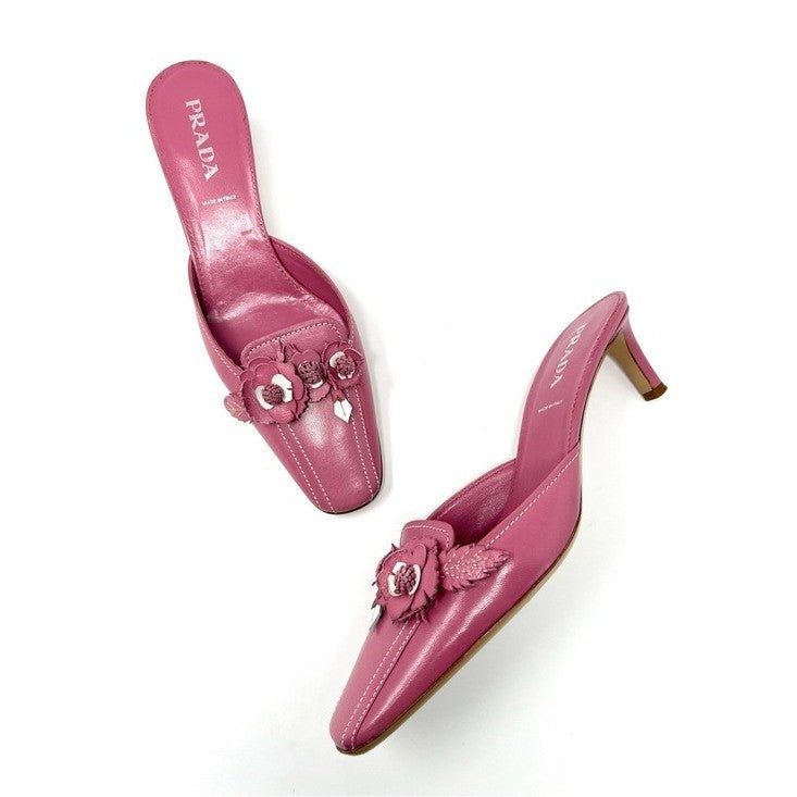 Prada 1990s Pink and White Leather Flower Bouquet Mules Size 36.5