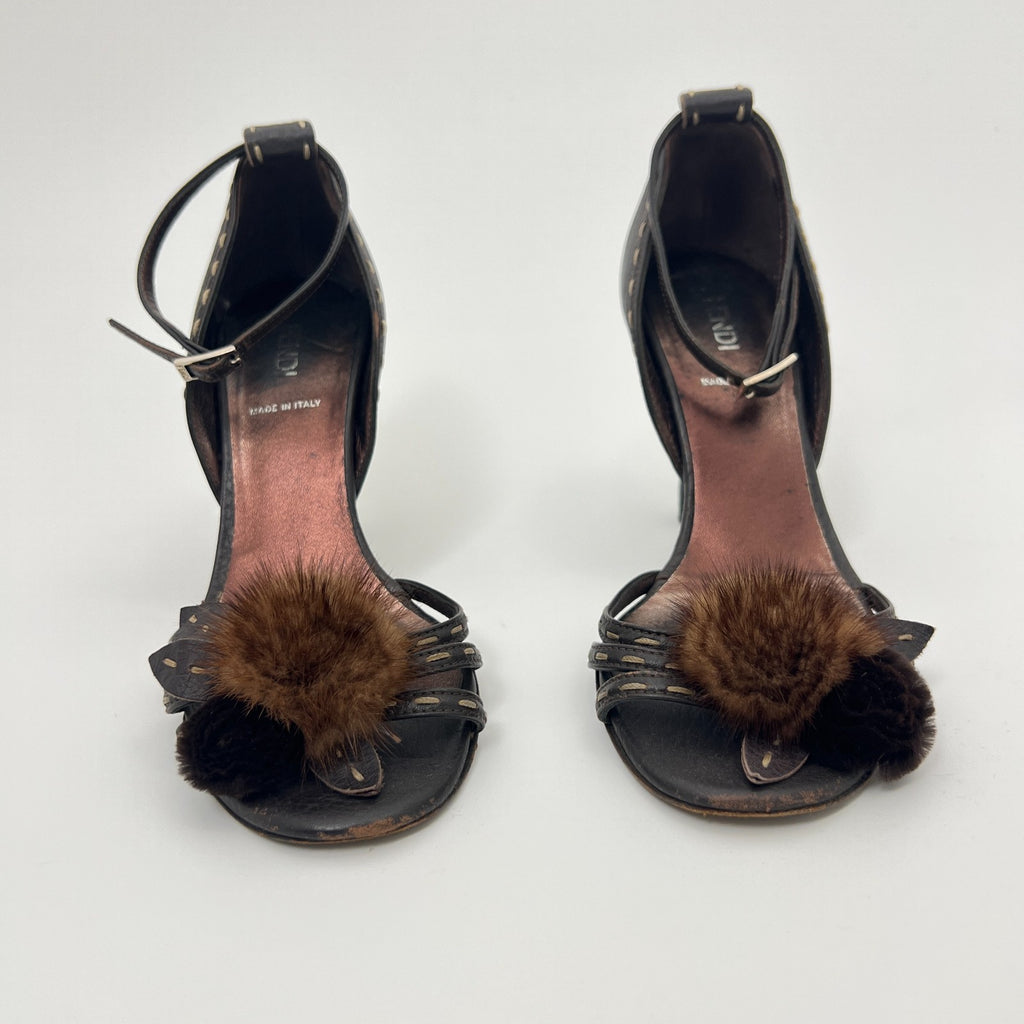 Fendi | Auth Selleria Brown Leather Mink Fur Camellia Ankle Strap Stiletto (35)