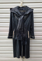 Vintage Y2K Black Leather Coat with Fox Fur Collar and Cuffs