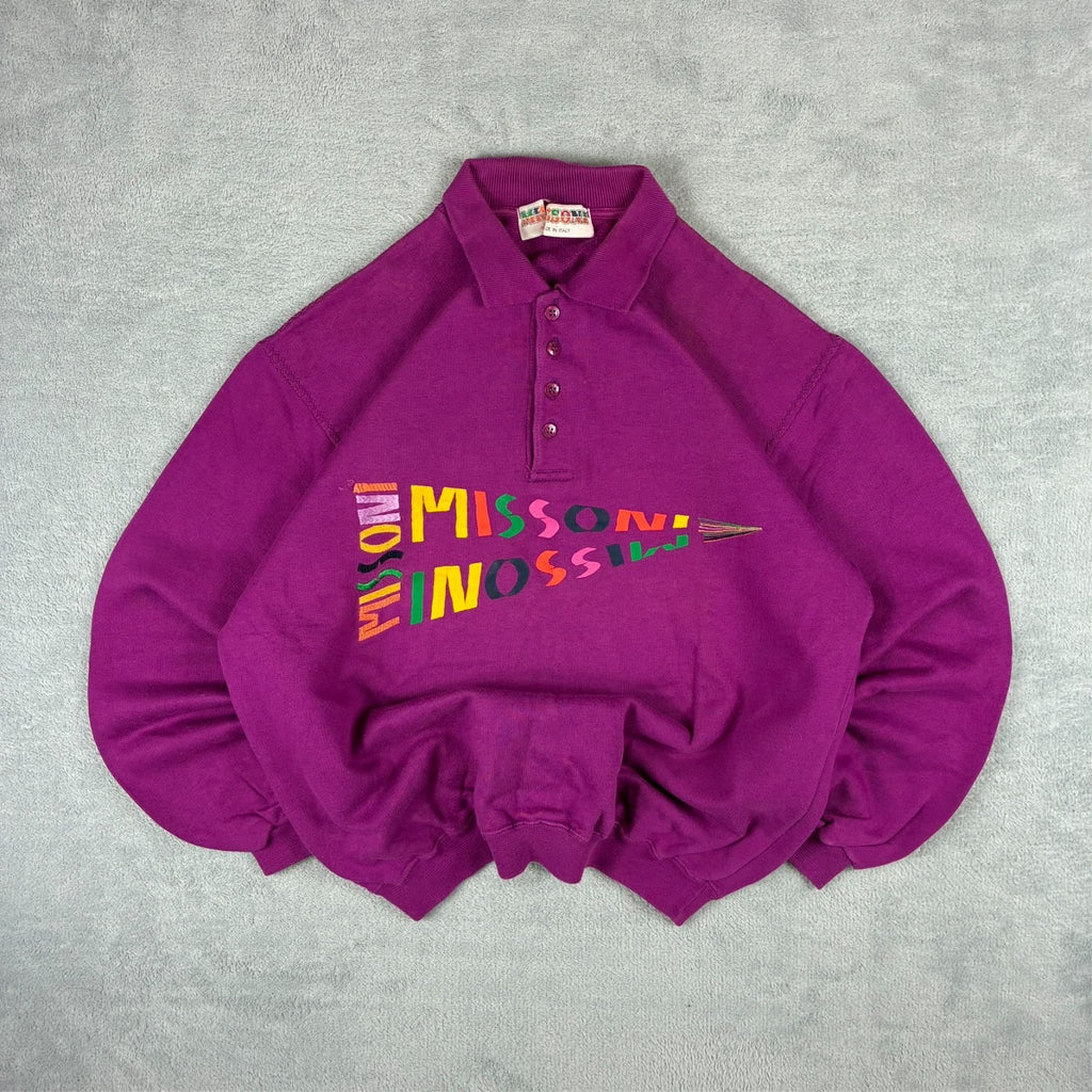 Missoni 1980s Purple Spellout Logo Button Up Jumper Size 42