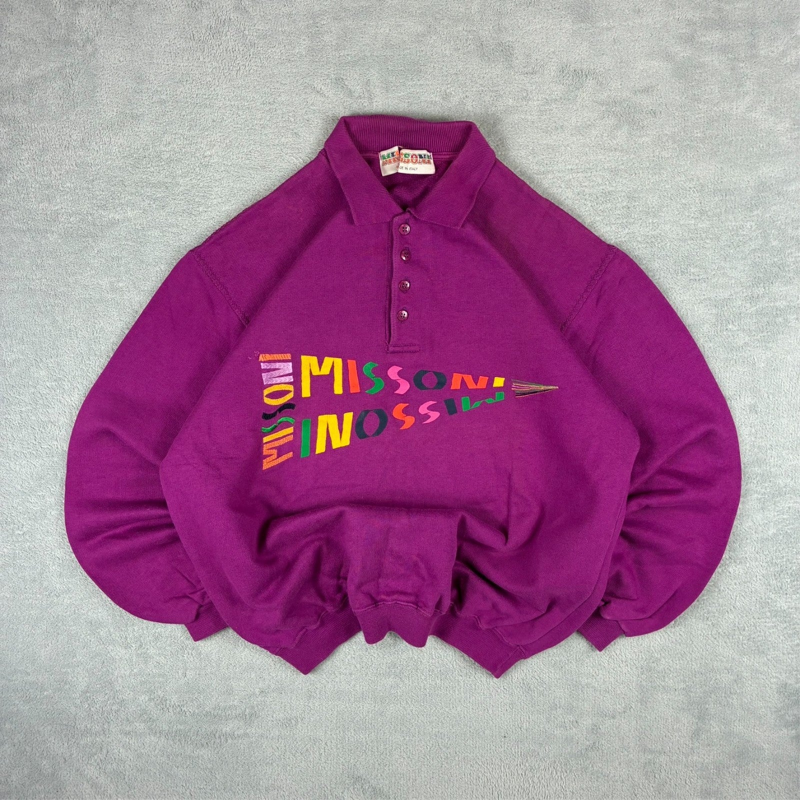 Missoni 1980s Purple Spellout Logo Button Up Jumper Size 42