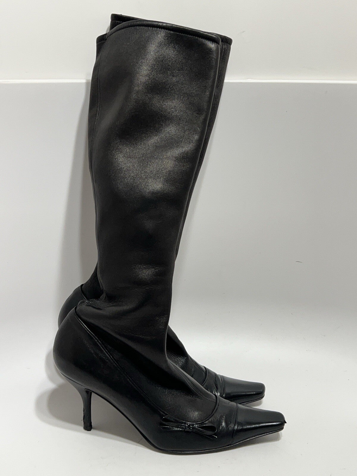 Vtg CHANEL BLACK LEATHER CC LOGO SOCK BOOTS 39