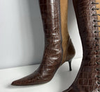 Vintage Avant Garde Just Cavalli Leather Knee High Boots Brown Croc Pointed Toe