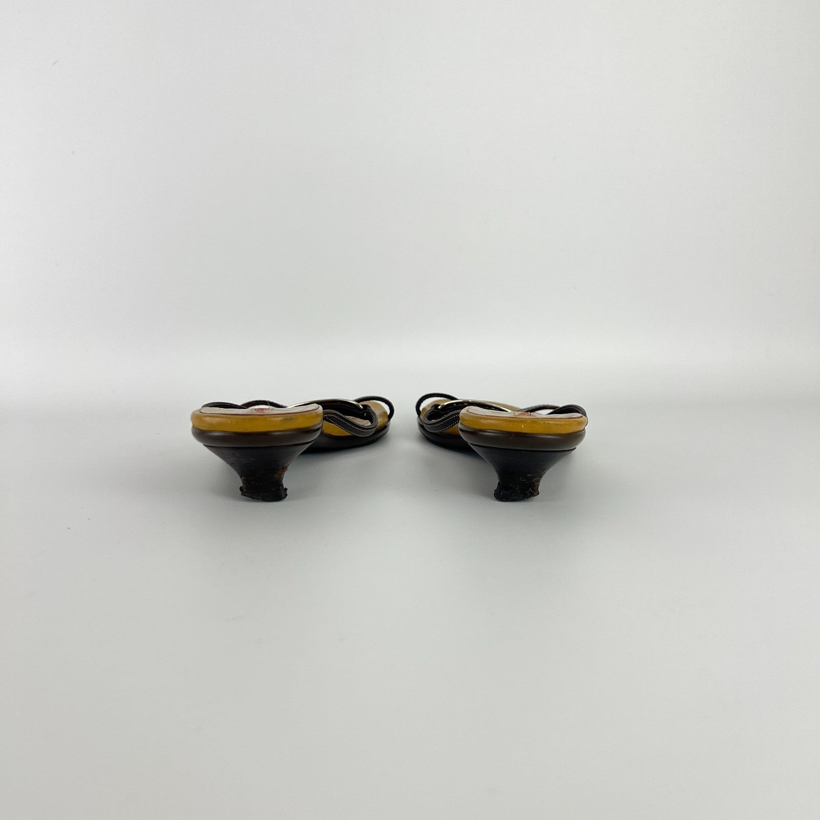Prada | Auth Brown Leather Silver Logo Buckle Kitten Sandal Heels (34.5)