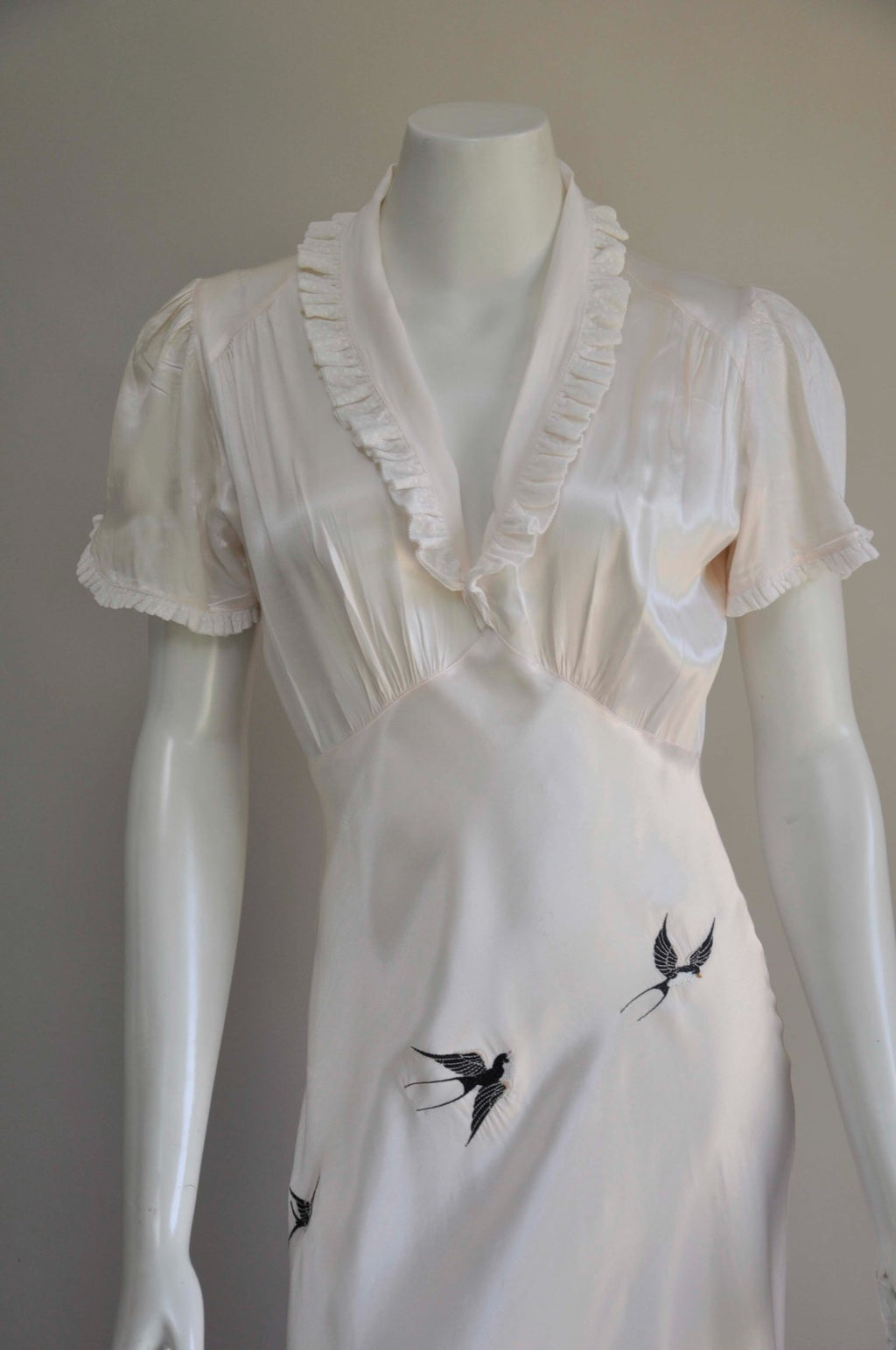 Vintage 1930s Light Pink Satin Bias Cut Slip Dress with Bird Embroidery Small Medium