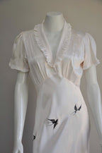 Vintage 1930s Light Pink Satin Bias Cut Slip Dress with Bird Embroidery Small Medium