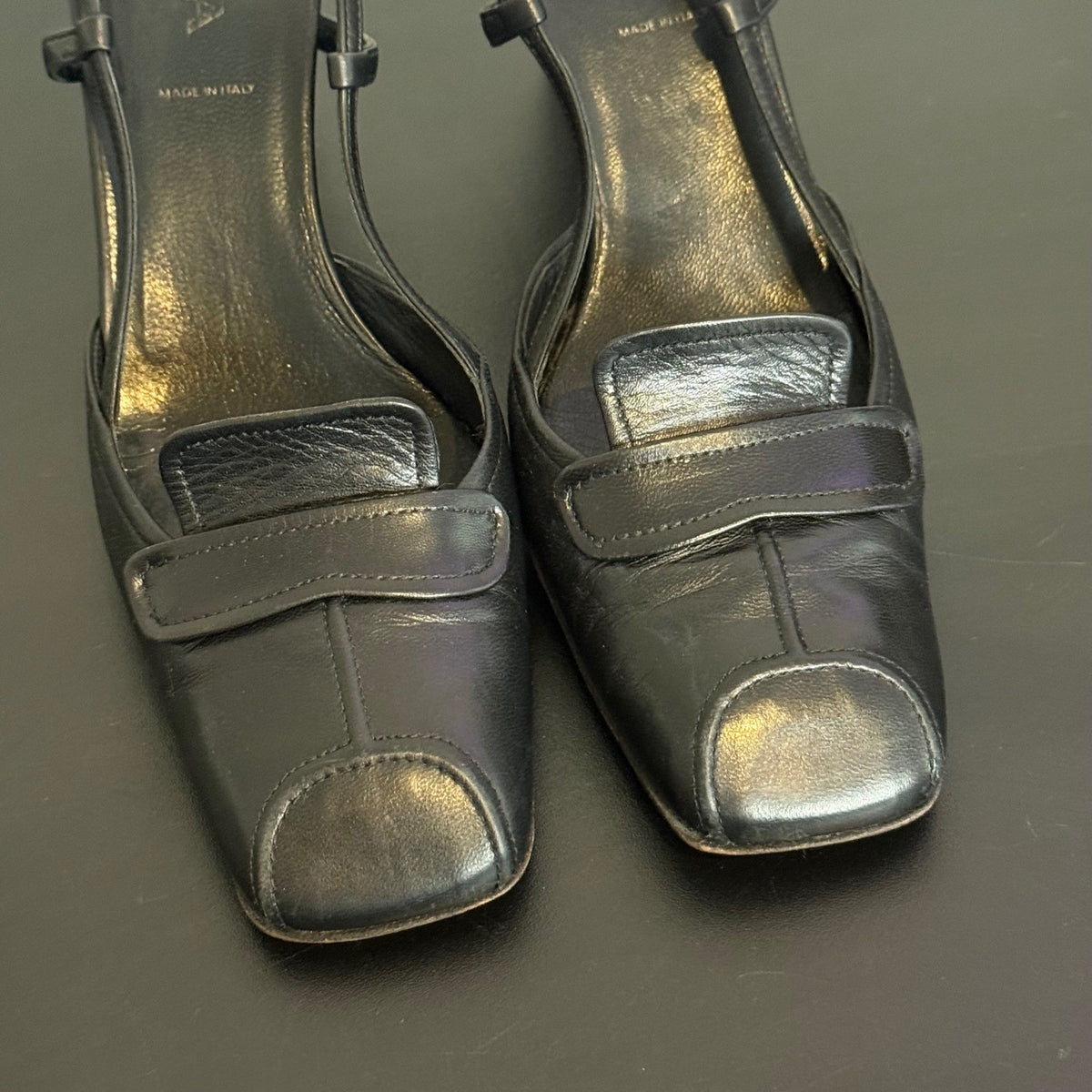 Prada Black Leather Square Toe Slingback Pump Size 35.5