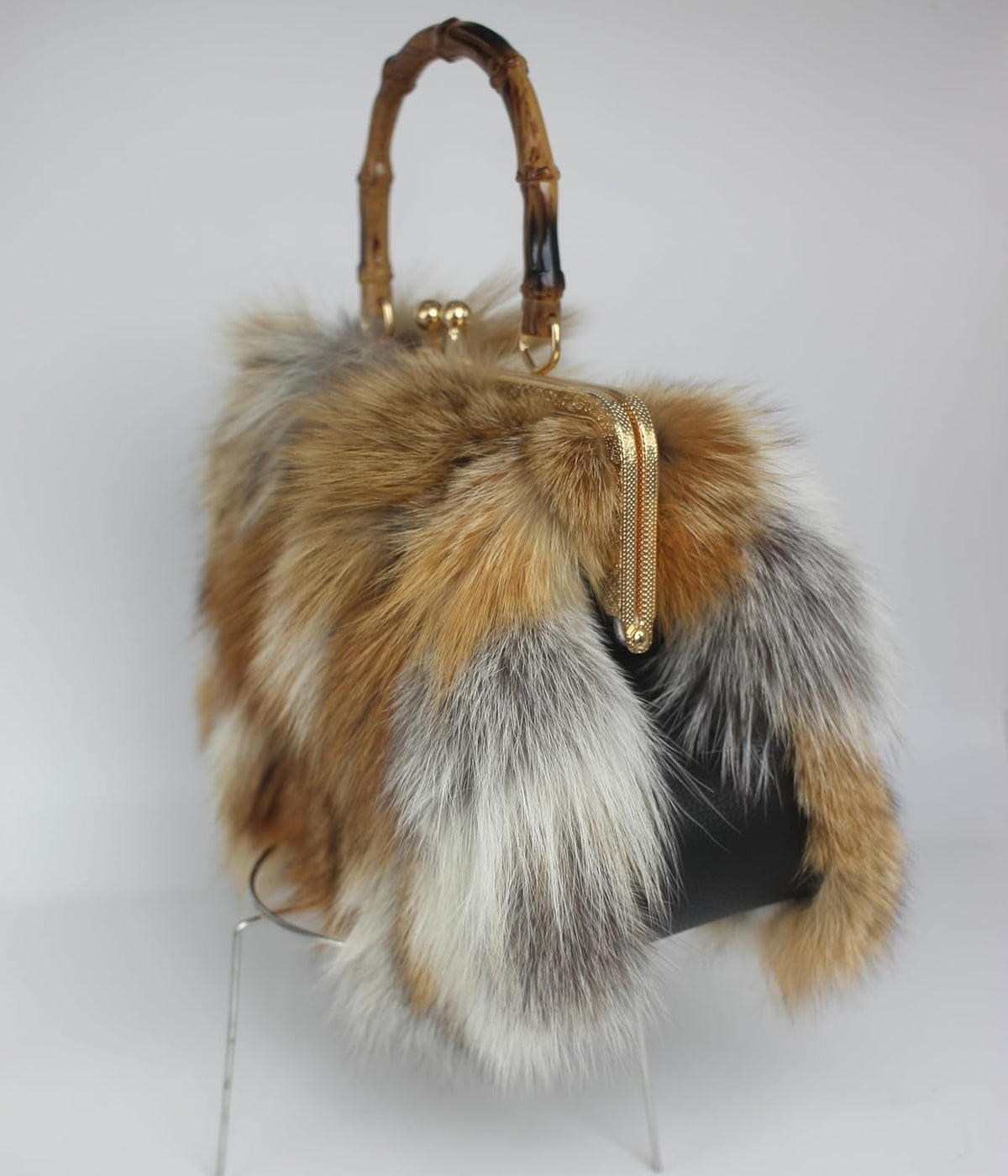Real Fox Fur Handbag Vintage Kisslock Purse with Bamboo Handle