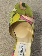 Vintage JIMMY CHOO Green & Pink Open Toe Pucci Print Heels, Made In Italy, 36