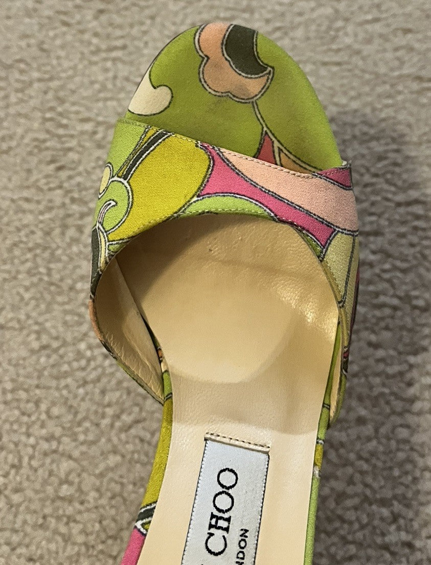 Vintage JIMMY CHOO Green & Pink Open Toe Pucci Print Heels, Made In Italy, 36