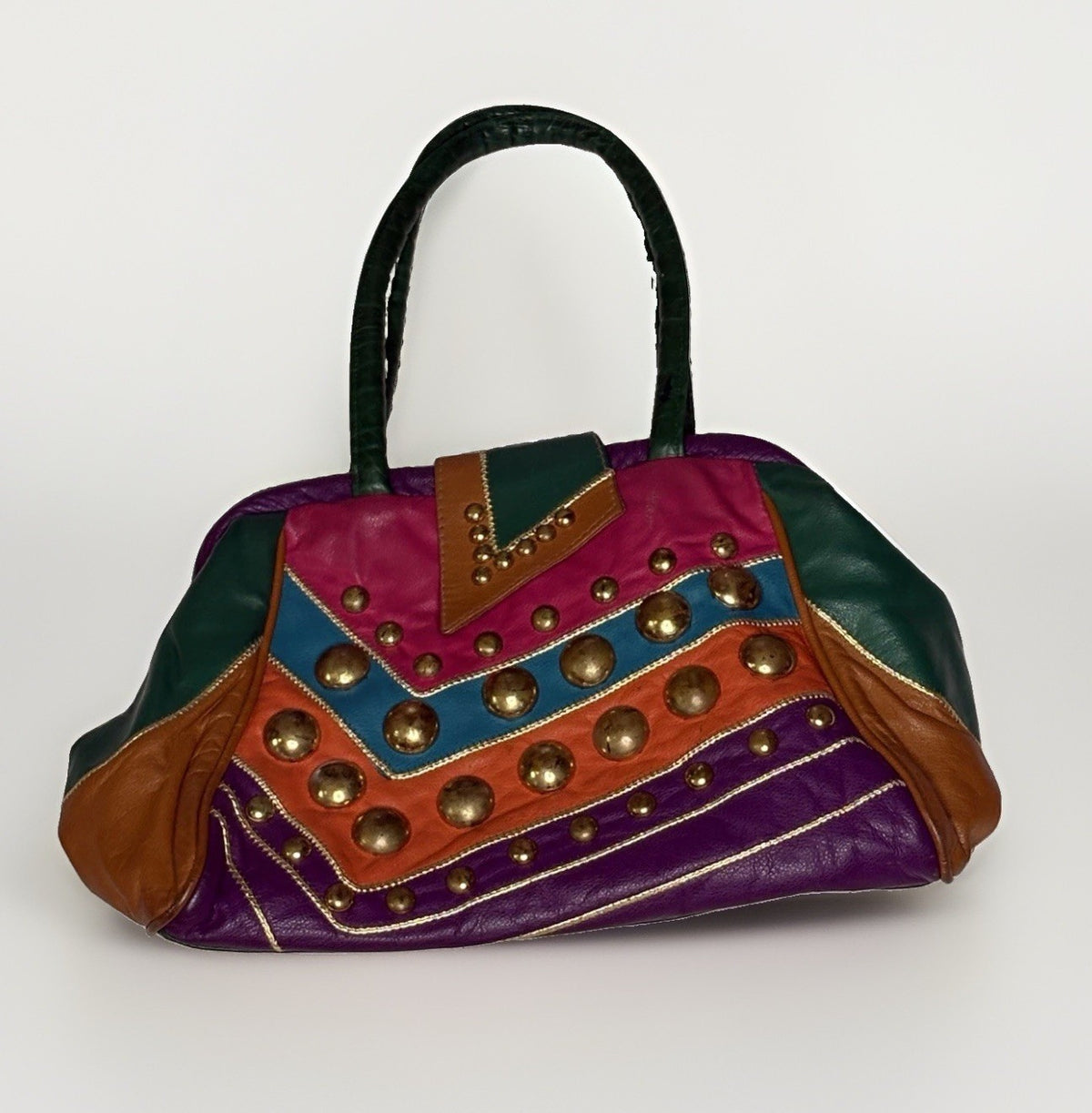 Vintage 1980s Patchwork Leather Studded Shoulder Bag Multicolor