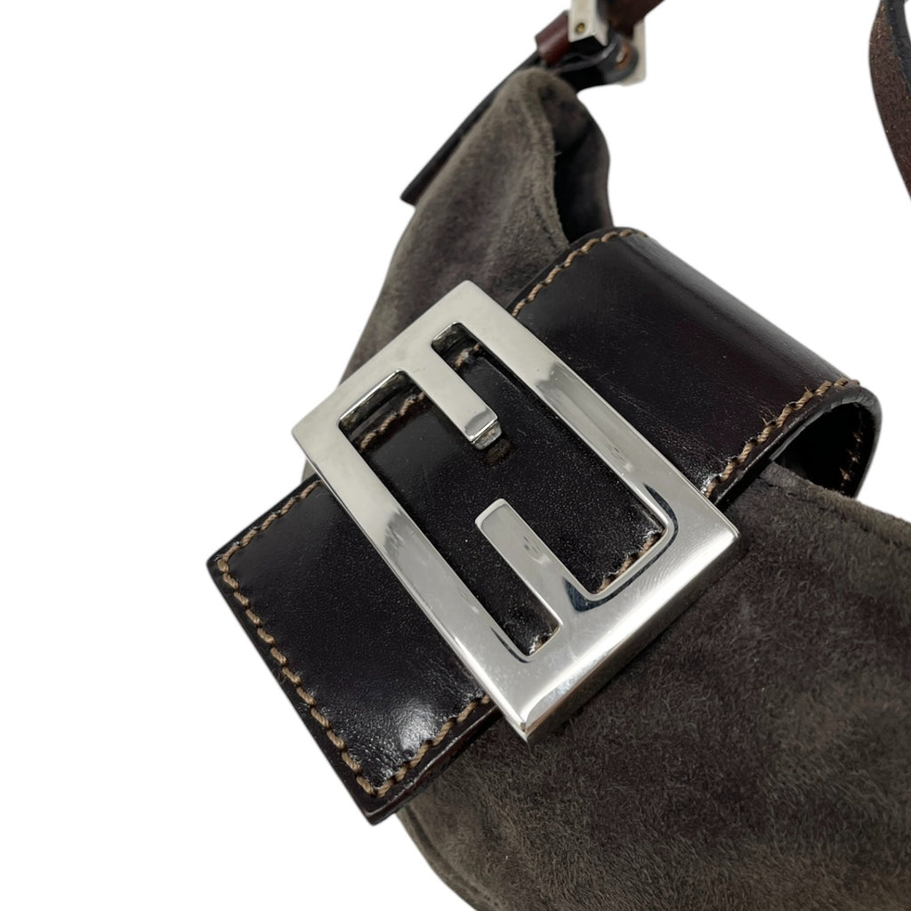 FENDI Vintage FF Logo Micro Croissant Suede Mini Bag Pochette Gray Brown Silver