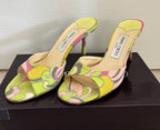 Vintage JIMMY CHOO Green & Pink Open Toe Pucci Print Heels, Made In Italy, 36
