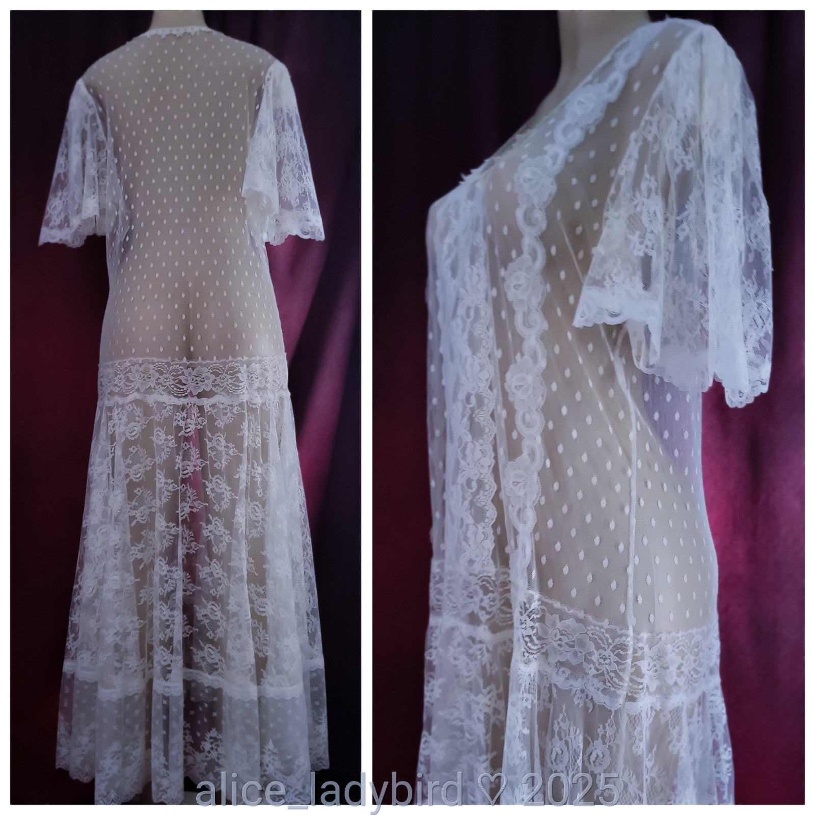 Vintage CHANTILLY Lace DRESS Drop Waist SHEER Lingerie Gown Victorian Bride ~L