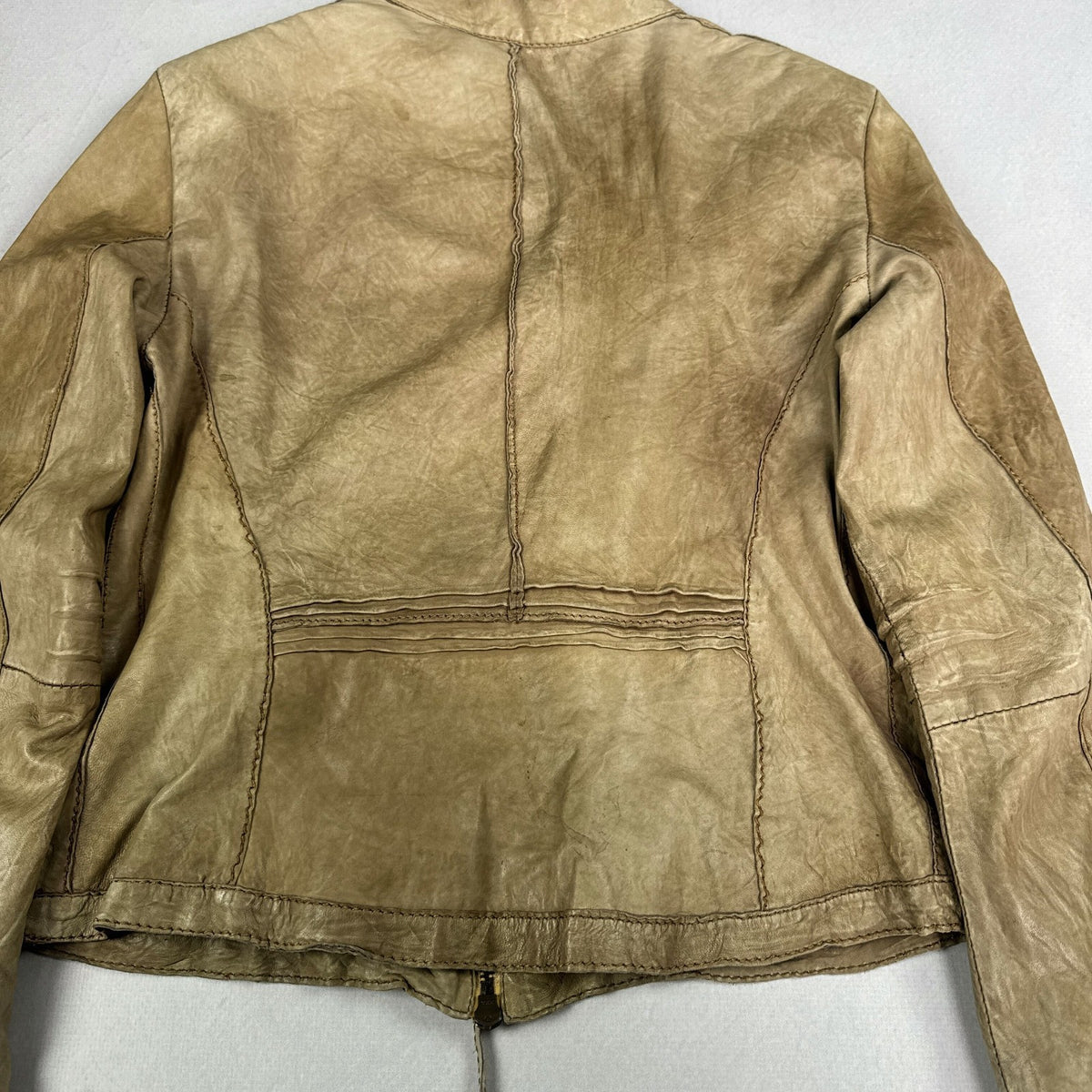 Vintage Beige Genuine Leather Cropped Moto Jacket