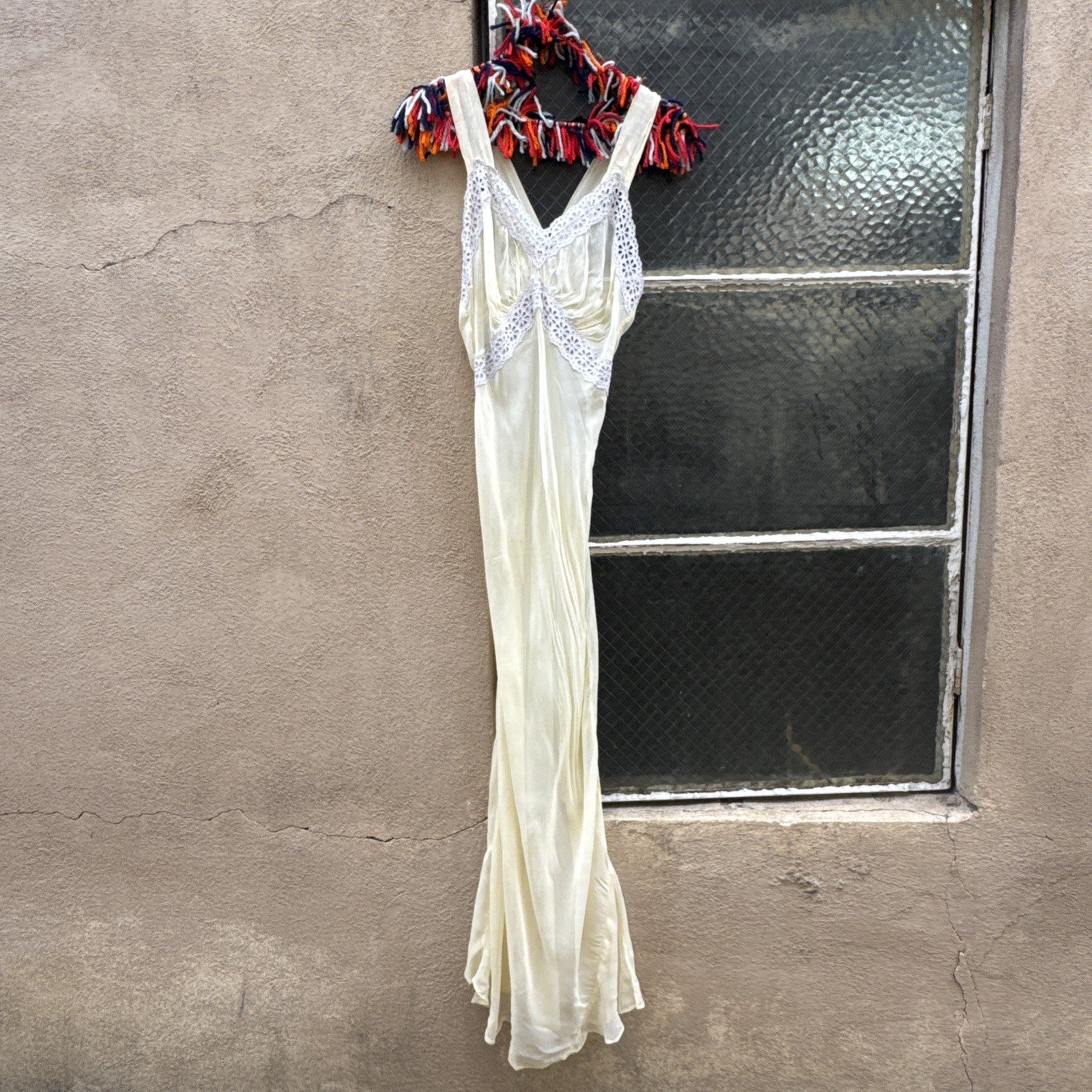 Vintage 1930s Pale Yellow Buttercup Dress Lace Bias Cut Art Deco Slip Gown Maxi