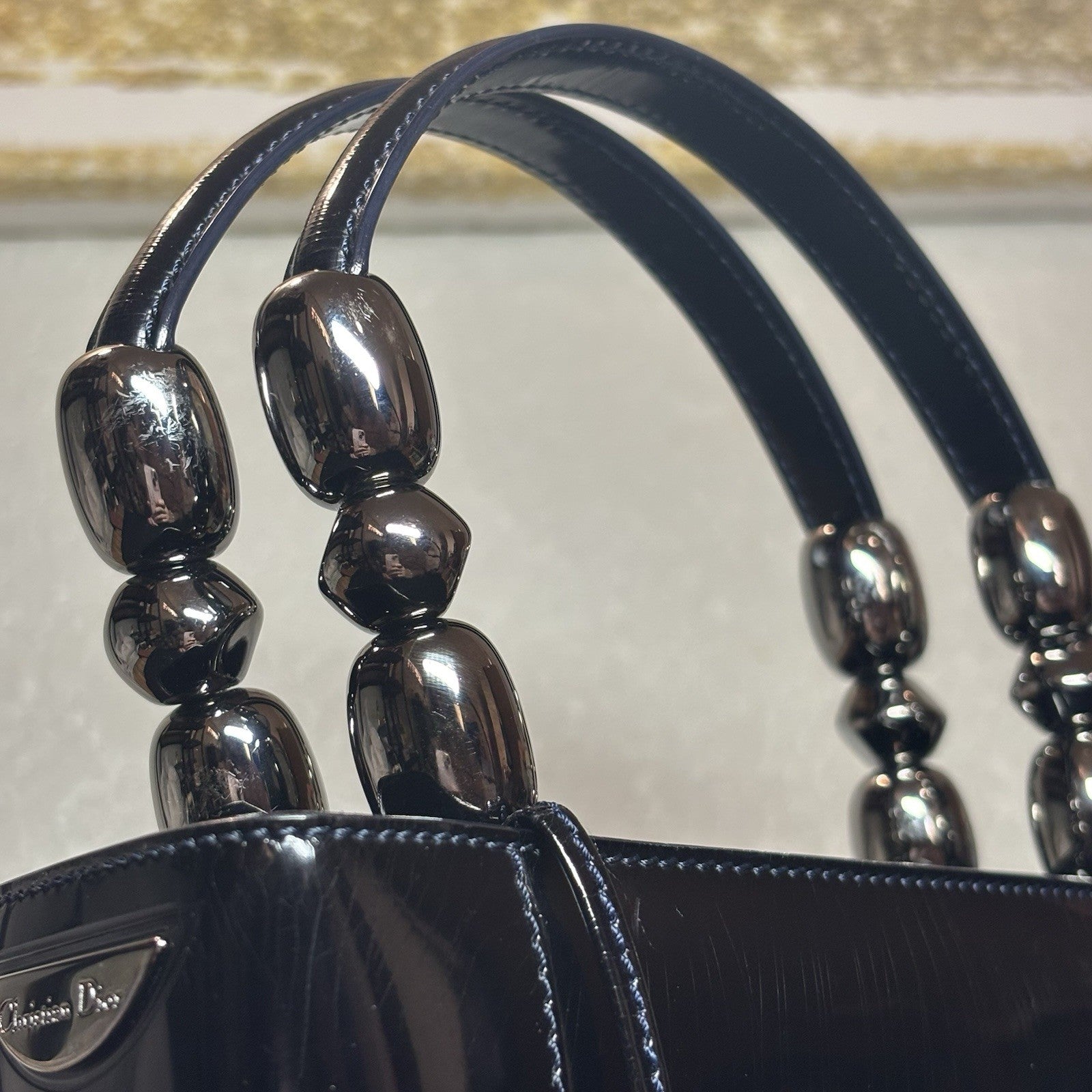 Auth Christian Dior Vintage 1999 Malice Pearl Bag Black Patent Leather Gunmetal