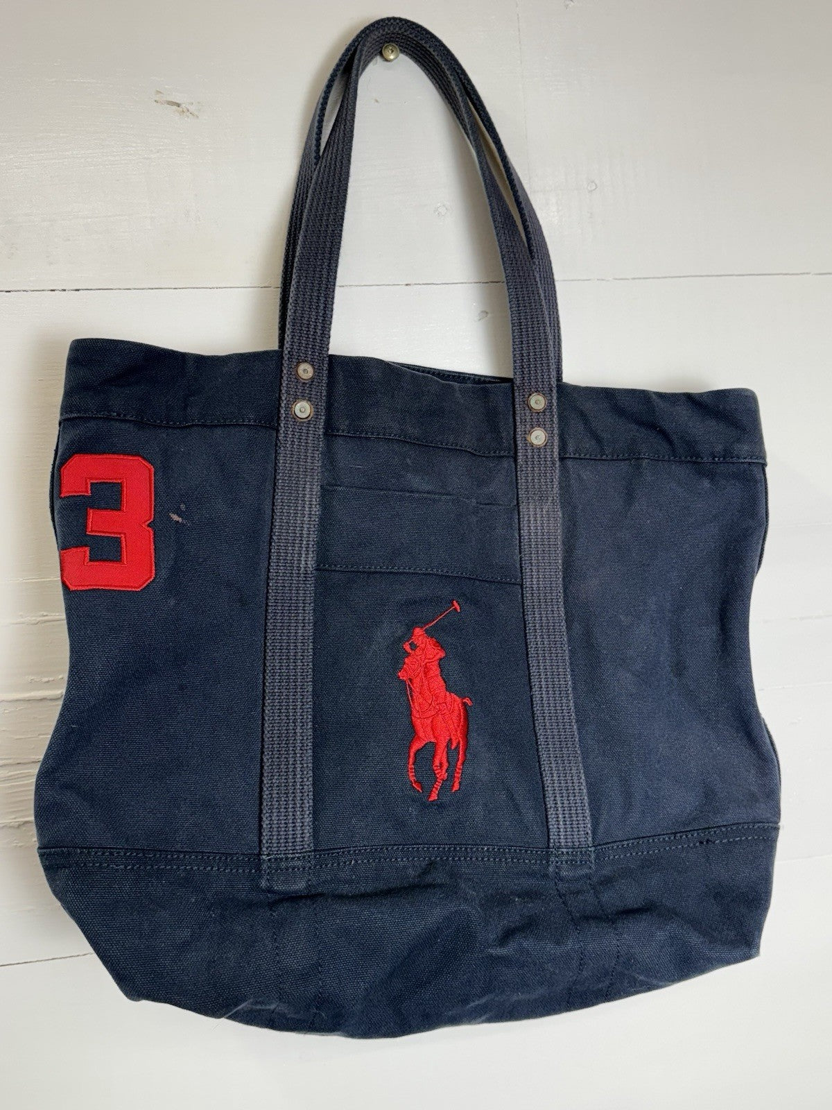 Rare Vintage Polo Ralph Lauren Large Pony Tote Navy Blue Canvas Zip Bag