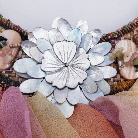 Mary Frances Beaded Tulle Ruffle Wicker Shoulder Bag Mother of Pearl Earthtones