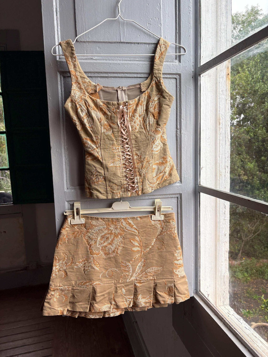 Y2K Brocade Two Piece Set Gold Floral Corset Top and Mini Skirt