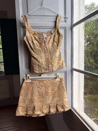 Y2K Brocade Two Piece Set Gold Floral Corset Top and Mini Skirt