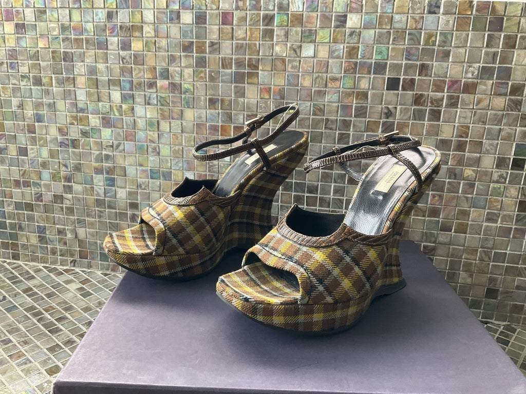 Authentic Prada Plaid  Wedge Platform 100 Vinchy Col Size 37 Brown Leather