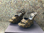 Authentic Prada Plaid  Wedge Platform 100 Vinchy Col Size 37 Brown Leather