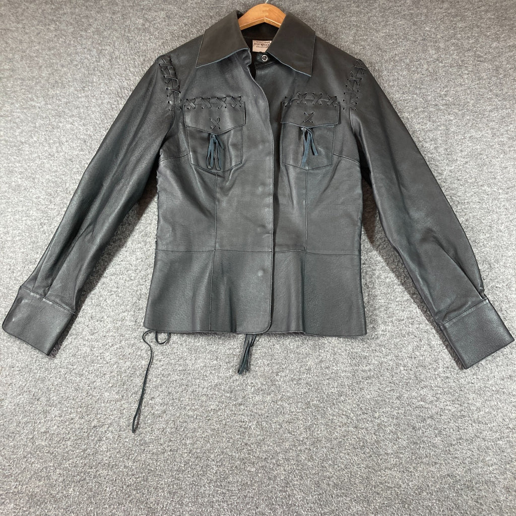 Vintage Newport News Leather Biker Shirt Womens 4 Black Lace Up Detail Snap