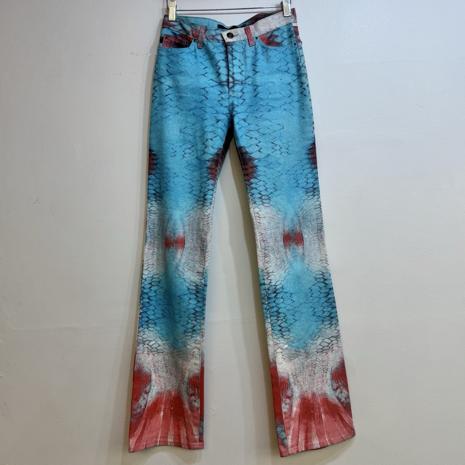 VTG ROBERTO CAVALLI SHIMMER FISH SCALE PRINTED BOOTCUT JEANS