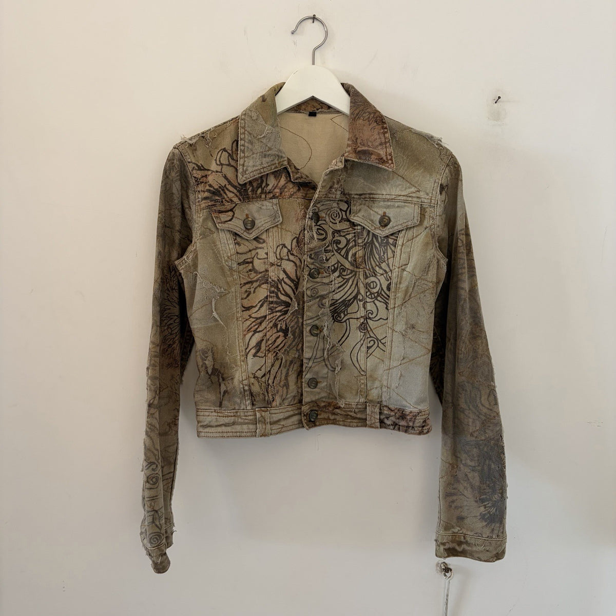 Roberto Cavalli 2003 Printed Denim Jacket and Jeans Set Distressed Floral