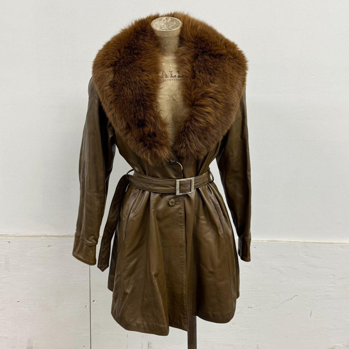 Vintage Y2K Brown Leather and Fox Fur Trench Coat