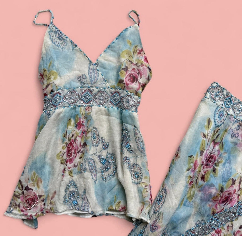 René Derhy Blue Floral Embellished Top and Skirt Set