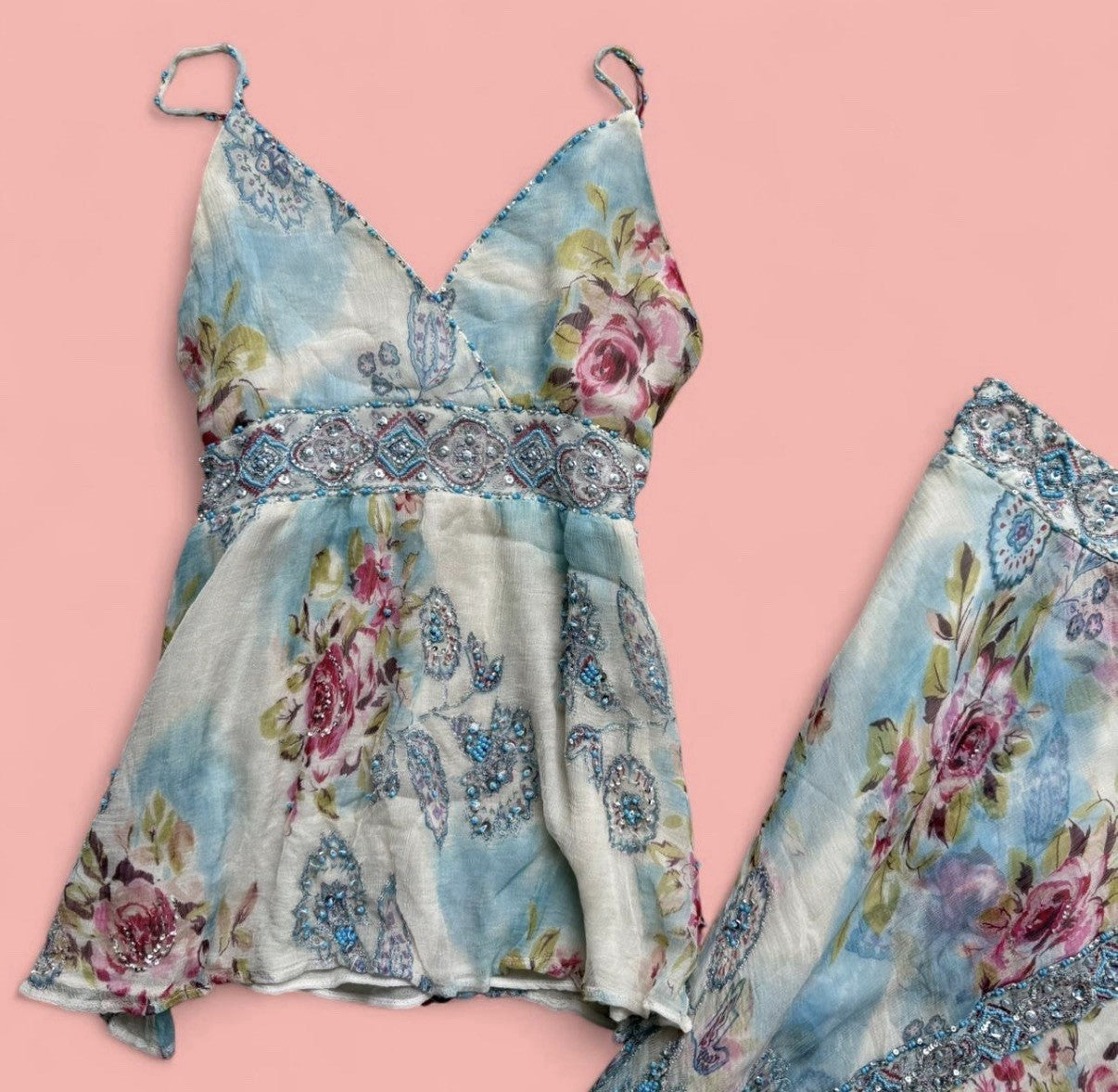 René Derhy Blue Floral Embellished Top and Skirt Set