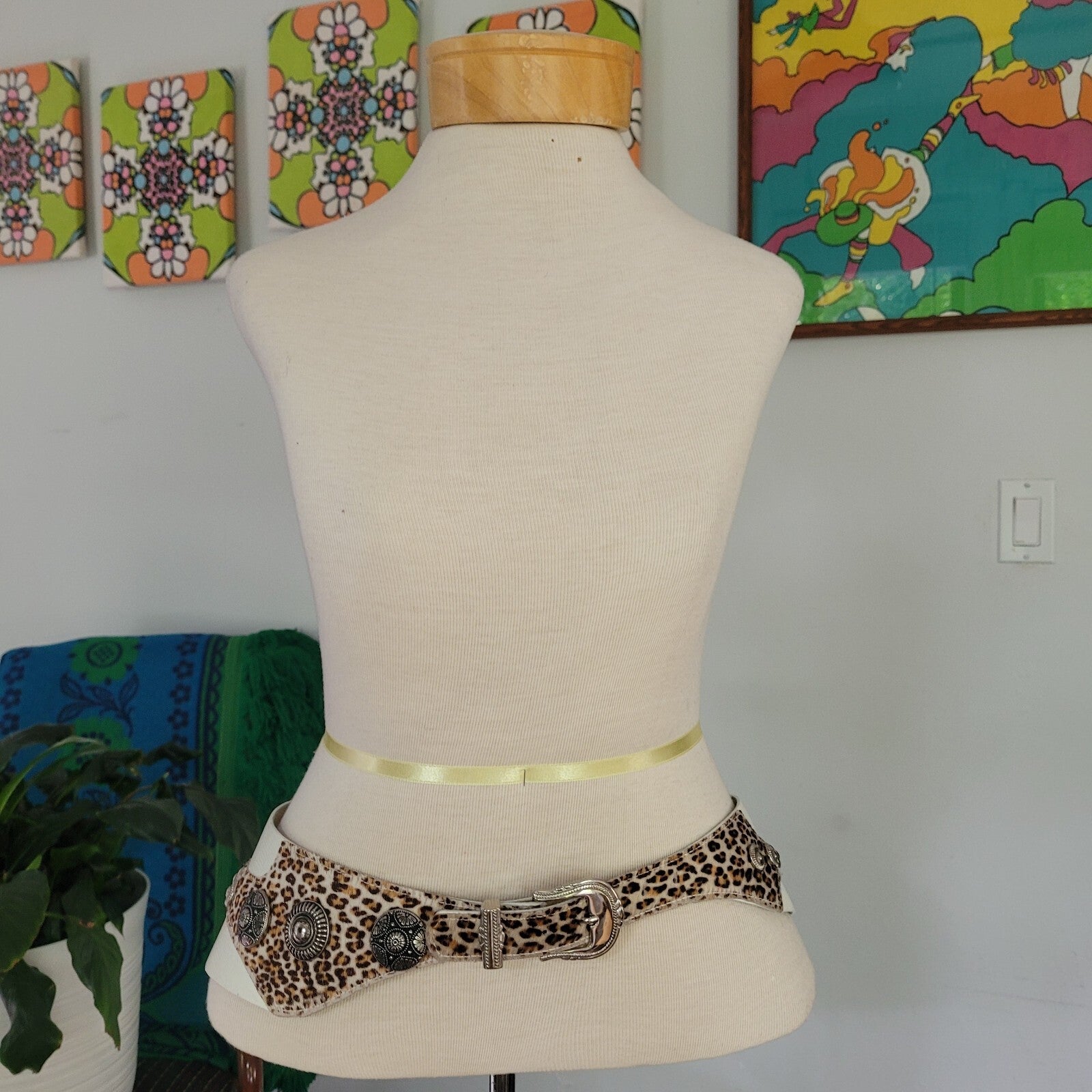 Insane Vintage 80s Rock 'N Roll Glam White Leather Animal Print Pony Hair Belt M