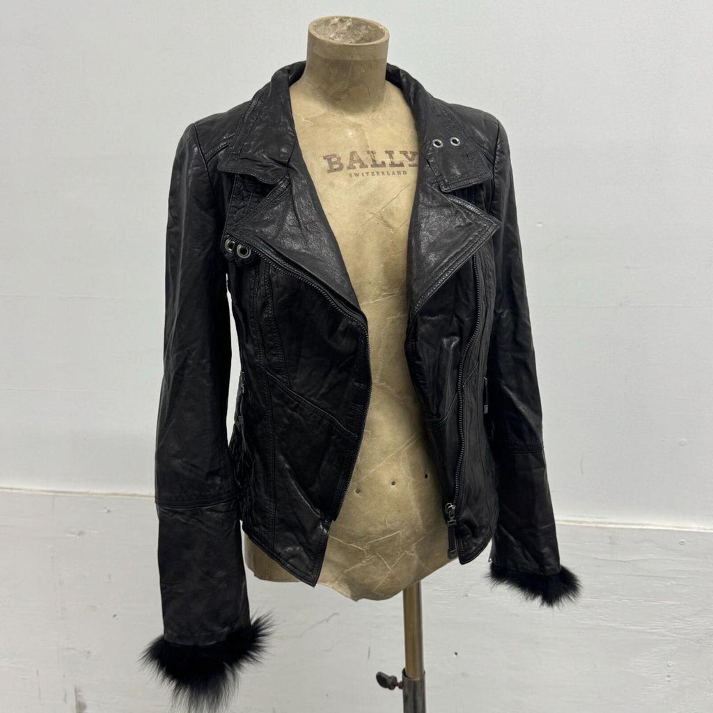 Vintage Vero Moda Black Goat Leather & Fox Fur Moto Jacket