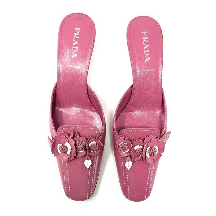 Prada 1990s Pink and White Leather Flower Bouquet Mules Size 36.5