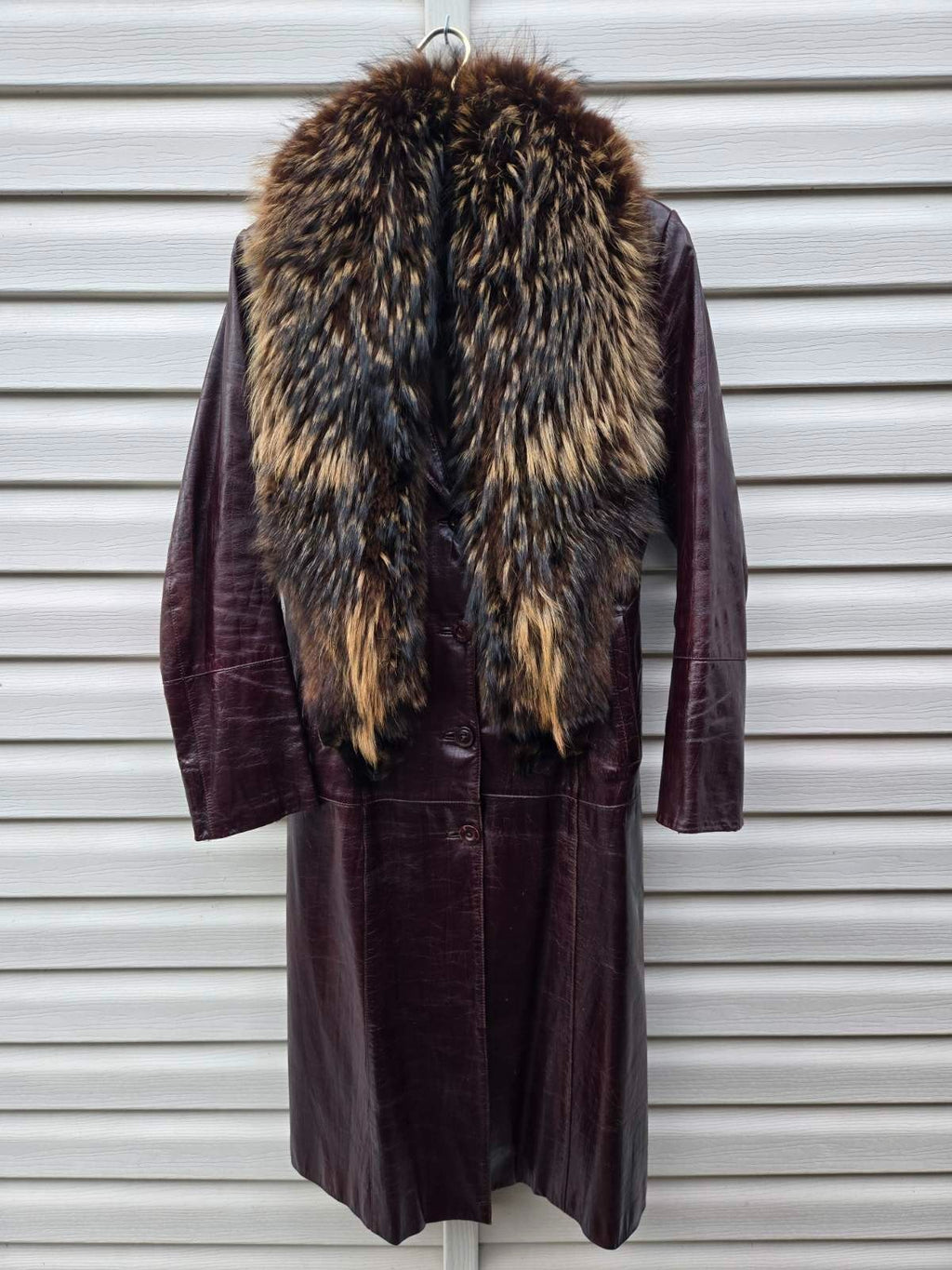 Vintage Long Leather Coat with Removable Fur Collar Brown Women's