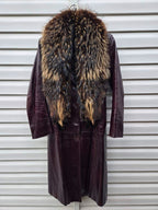 Vintage Long Leather Coat with Removable Fur Collar Brown Women's