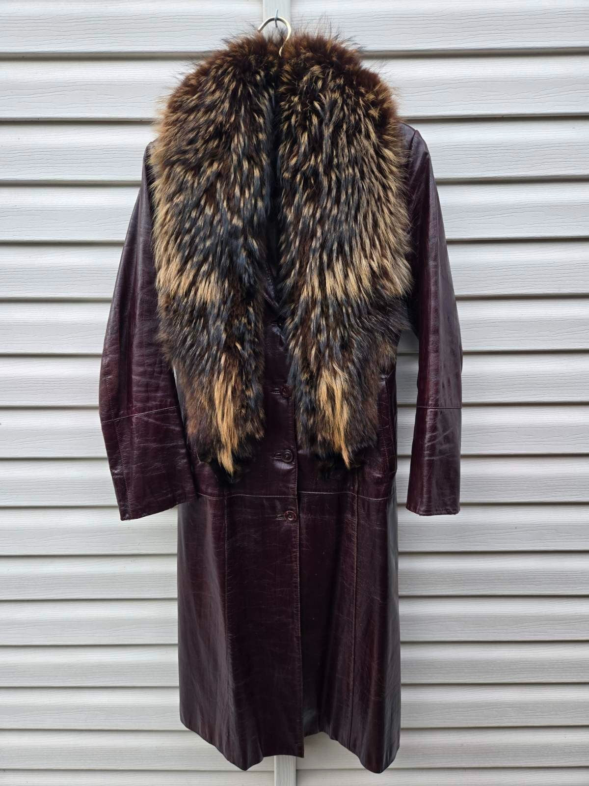 Vintage Long Leather Coat with Removable Fur Collar Brown Women's