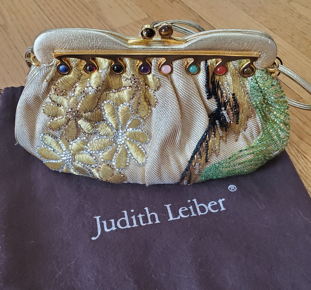 Judith Leiber Gold Floral Embroidered Crystal Beaded Clutch w/ Dust Bag & Comb