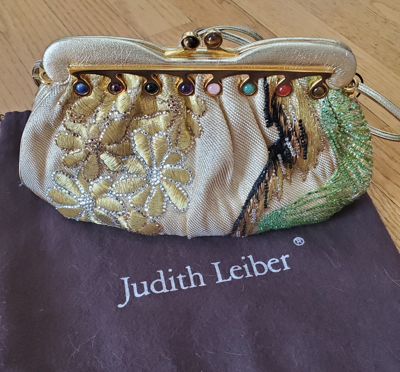 Judith Leiber Gold Floral Embroidered Crystal Beaded Clutch w/ Dust Bag & Comb