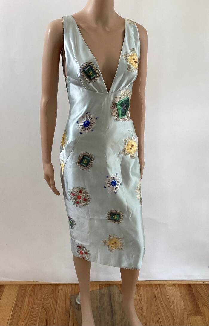 ROBERTO CAVALLI RARE VINTAGE FW/2002 PLUNGING JEWEL PRINT RUNWAY DRESS SZ M