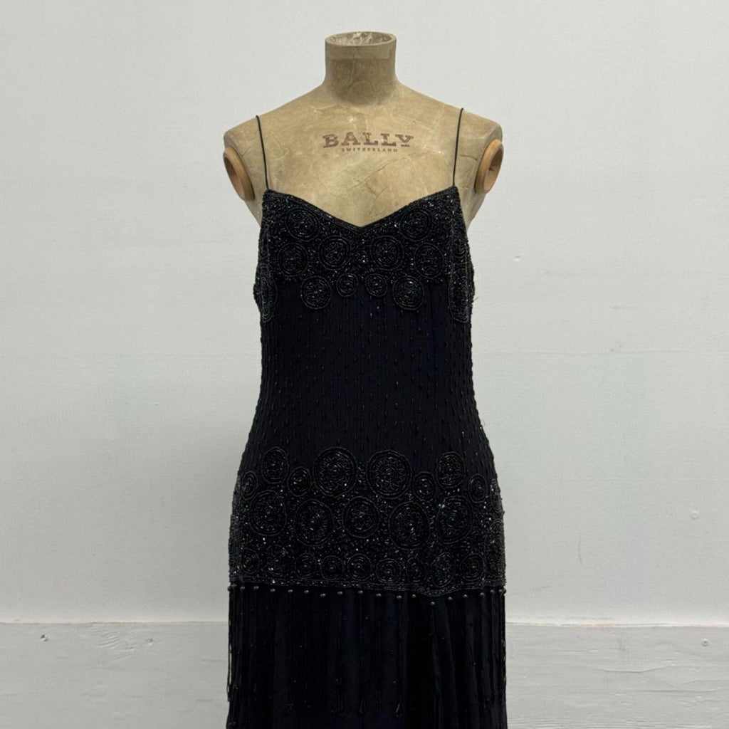 Vintage Y2K Black Heavily Beaded Silk Tassel Dress