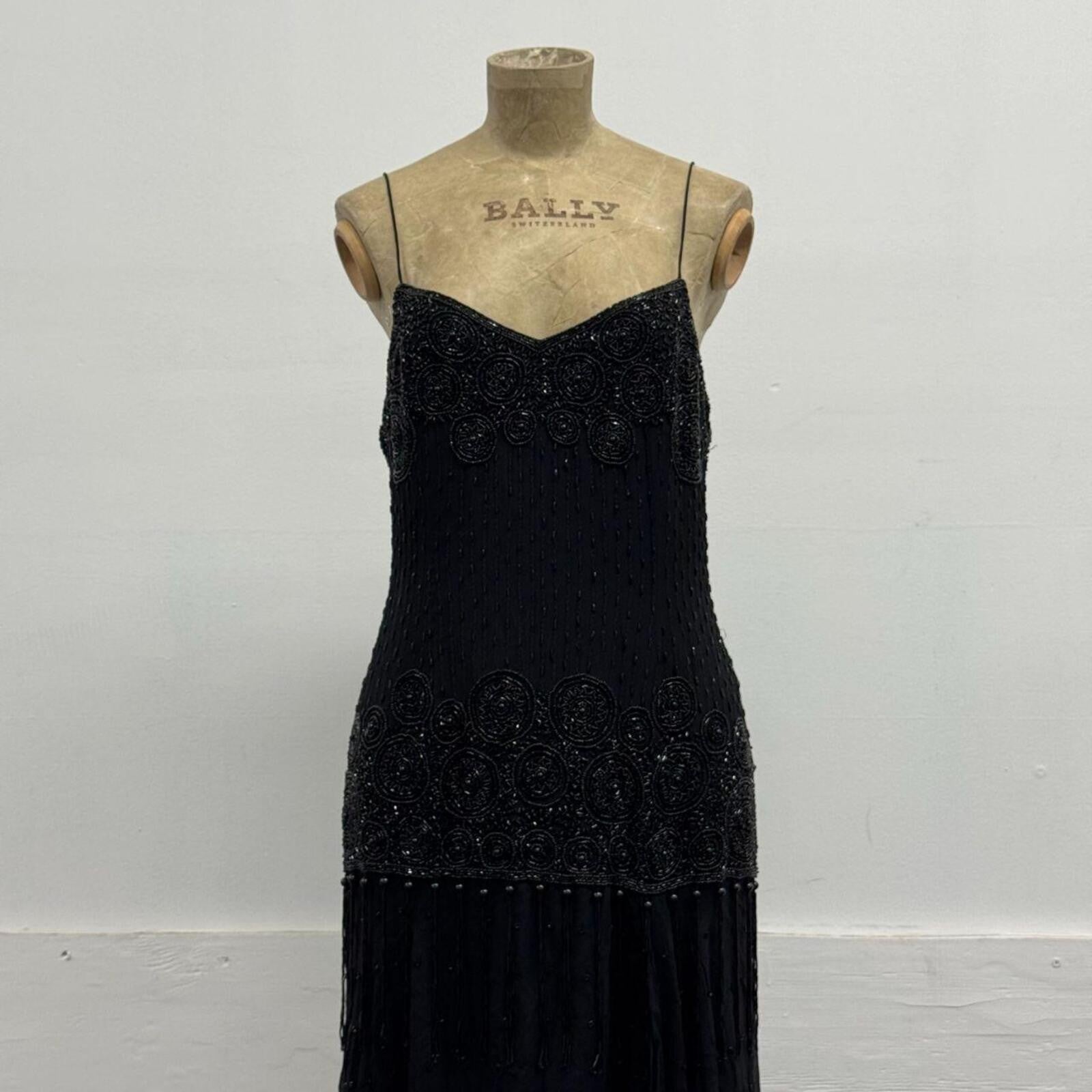 Vintage Y2K Black Heavily Beaded Silk Tassel Dress