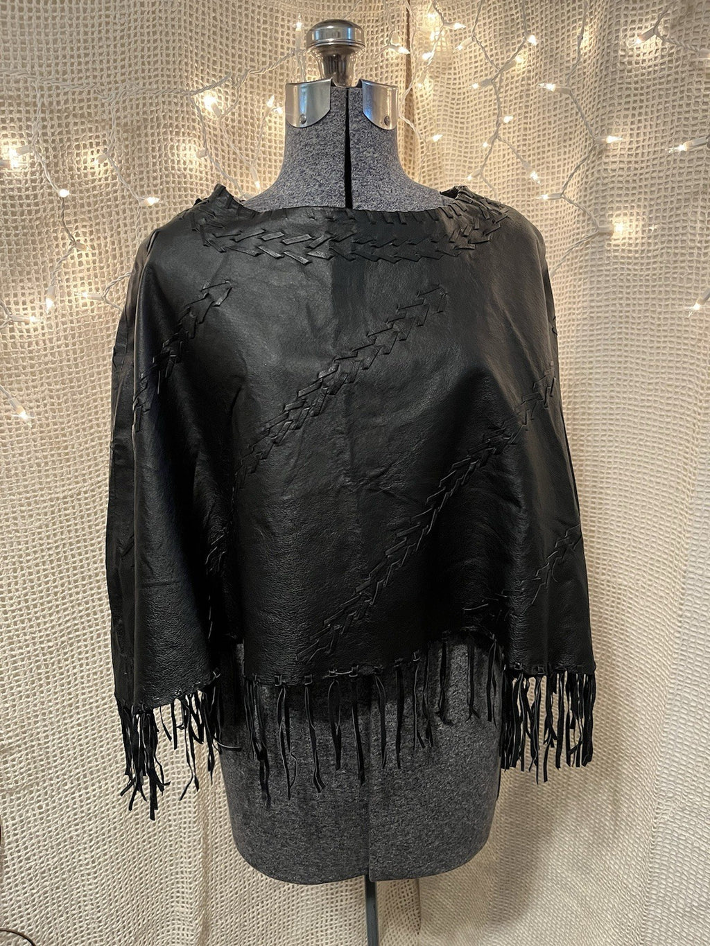 Vintage 90s Black Leather Whip Stitch Fringe Poncho Shawl Black Medium