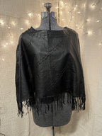 Vintage 90s Black Leather Whip Stitch Fringe Poncho Shawl Black Medium