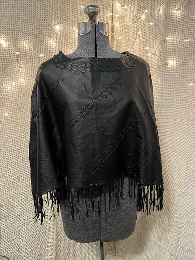 Vintage 90s Black Leather Fringe Whipstitch Poncho Shawl