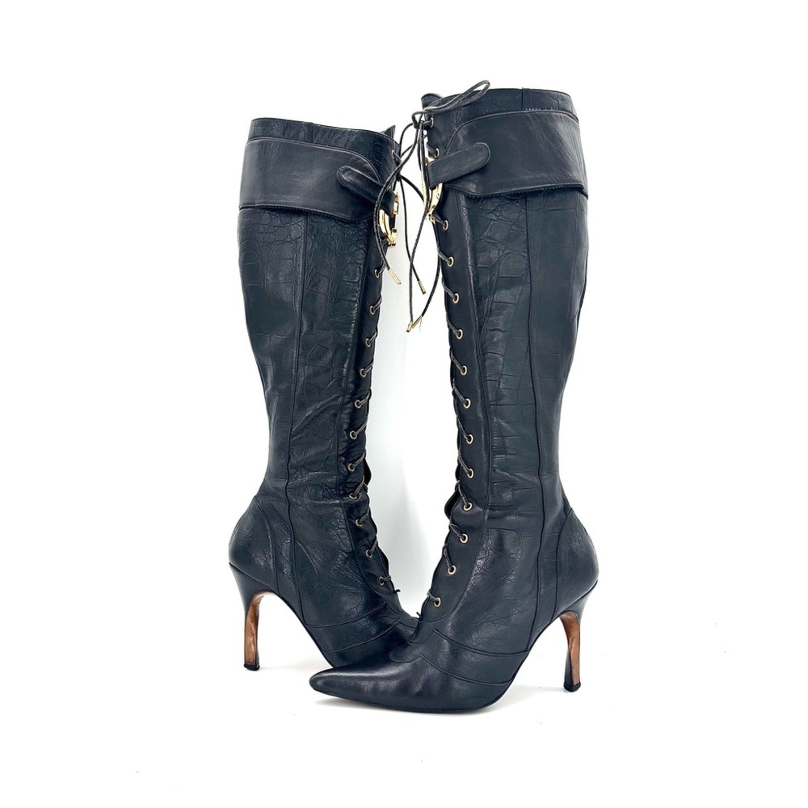 Vintage Christian Dior Fall 2000 CD Croc Emboss Pointed Toe Knee High Boots 37.5