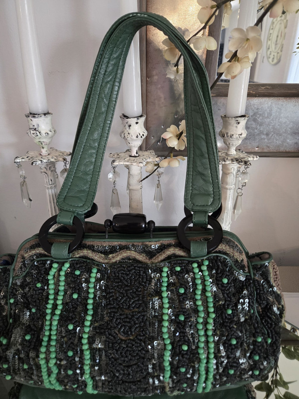 Jamin Puech Paris Beaded Sequin Leather Shoulder Bag Green